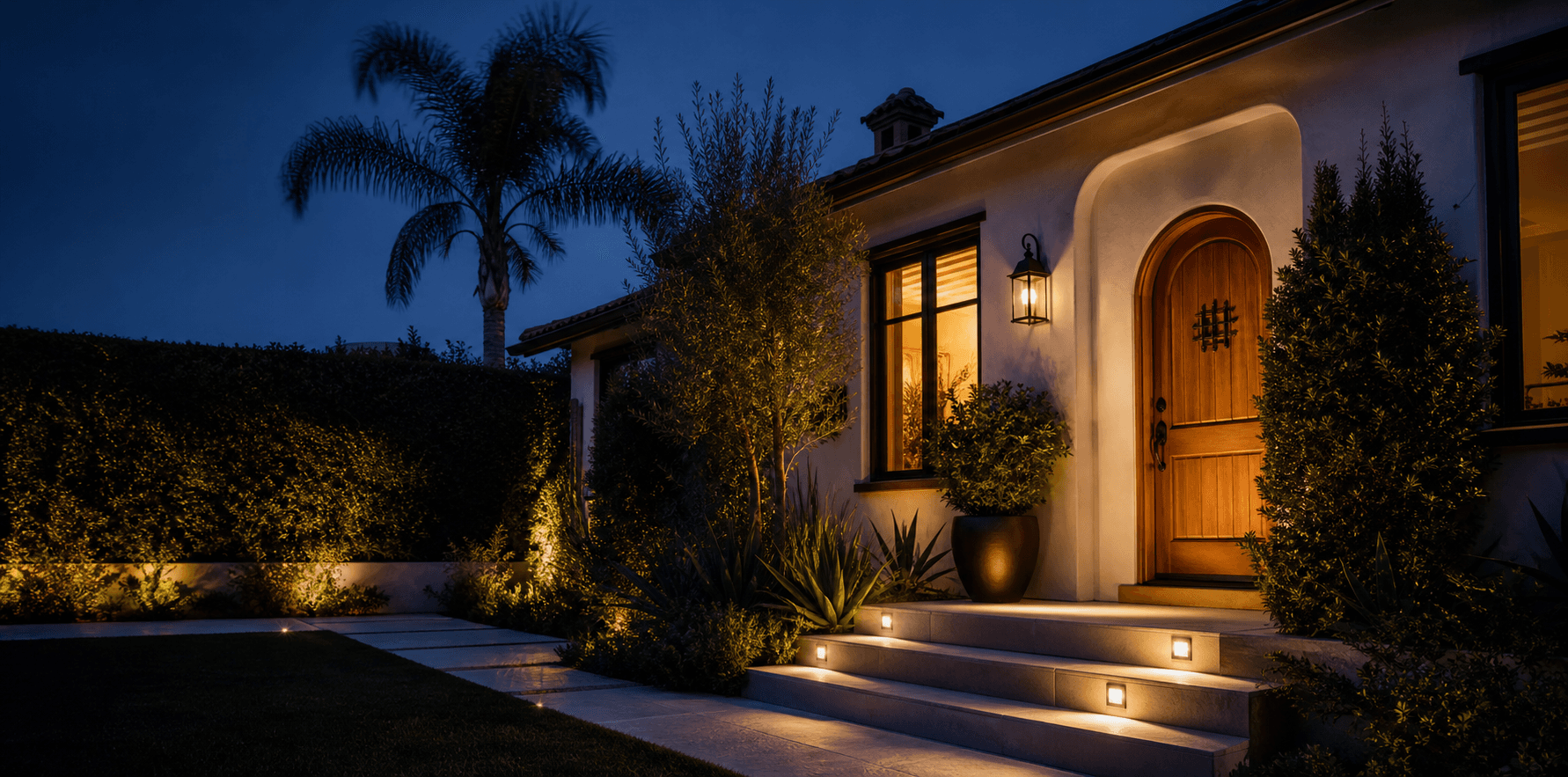 Warm Southern California home exterior lighting at evening