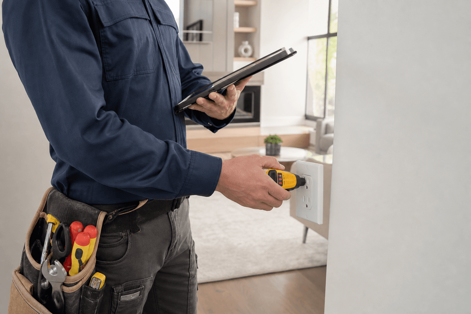 Electrician testing a residential outlet while holding a tablet