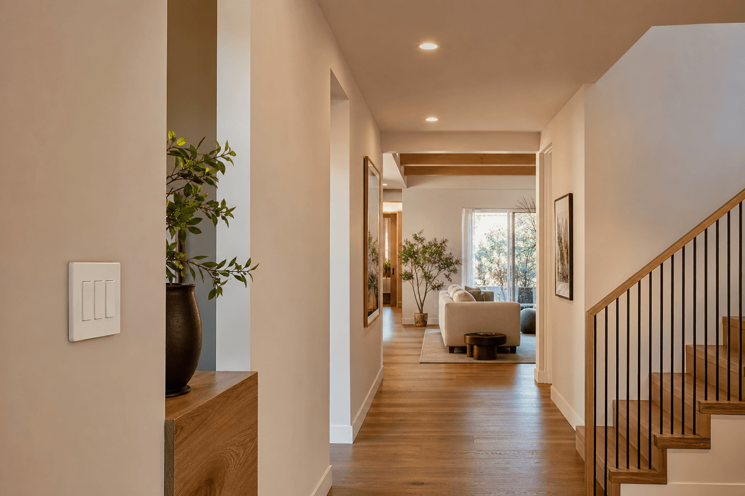 Clean residential hallway with finished lighting and switches