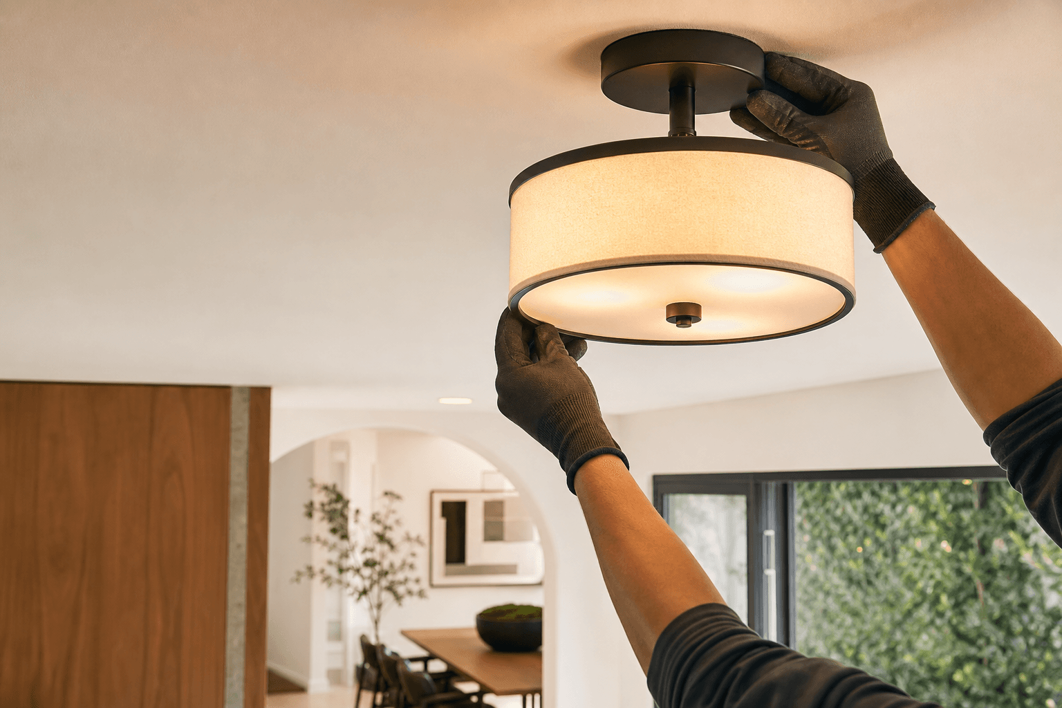 Electrician installing a modern residential light fixture