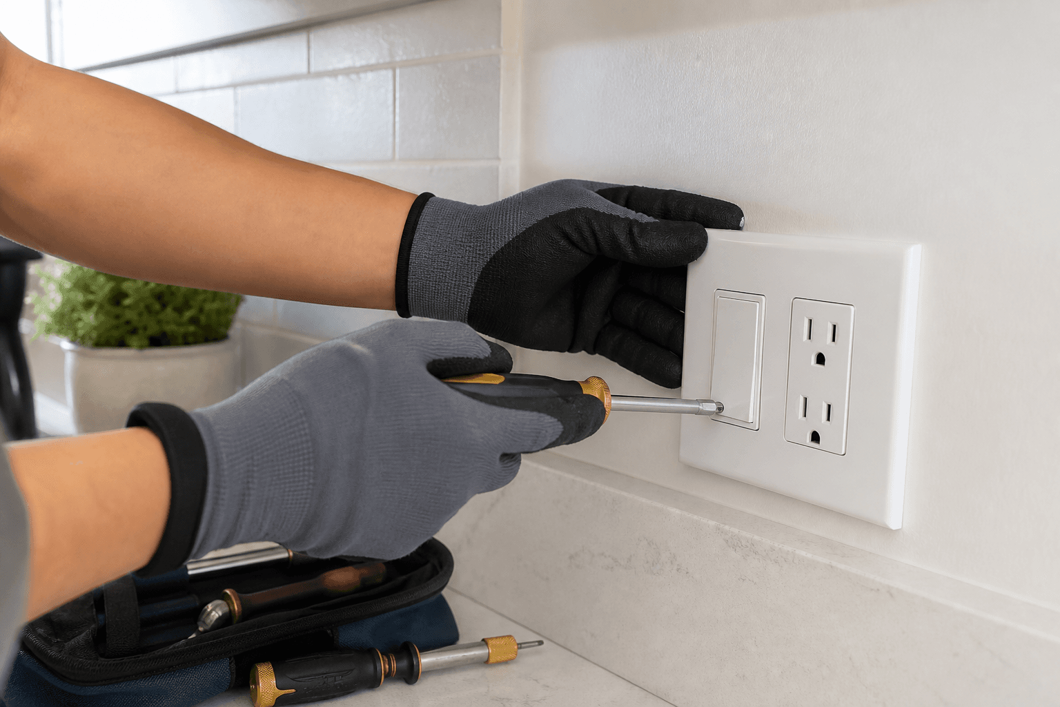 Electrician tightening a modern outlet and switch plate in a home