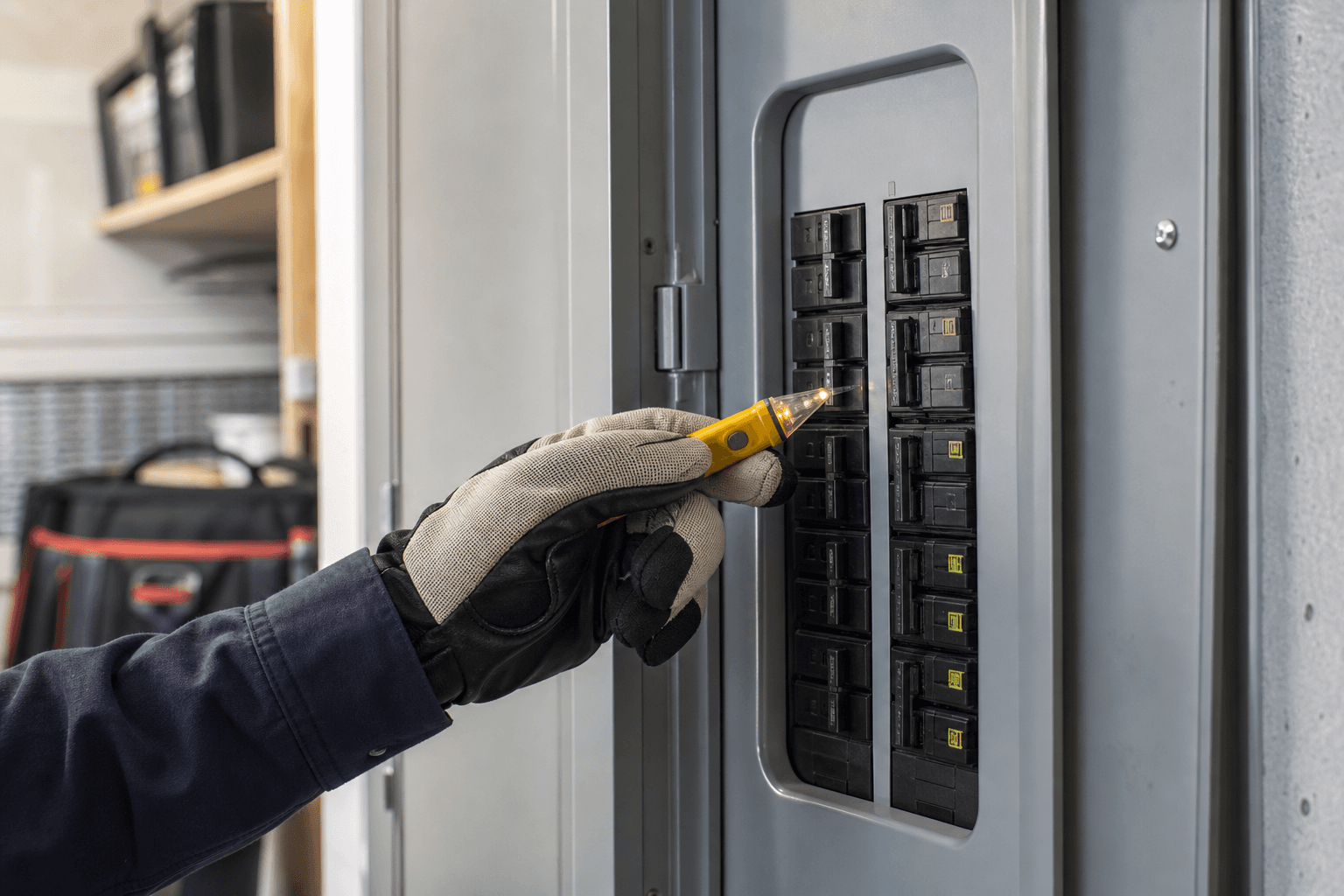 Electrician testing breakers inside a clean residential electrical panel