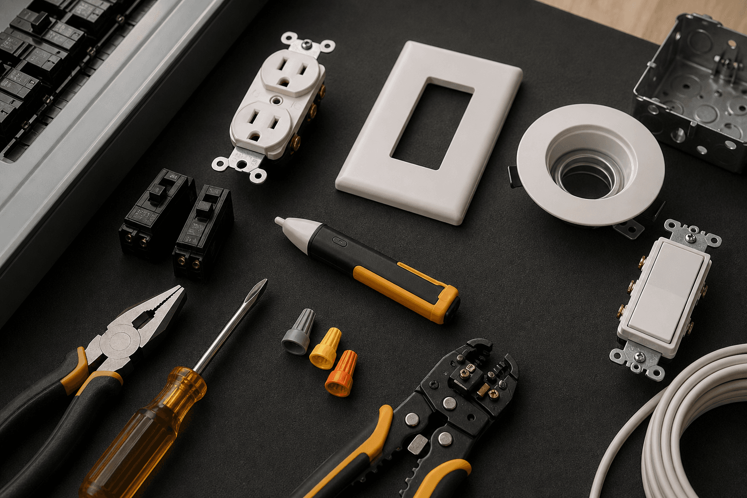 Organized electrical tools, breakers, outlet parts, and tester on a clean work mat
