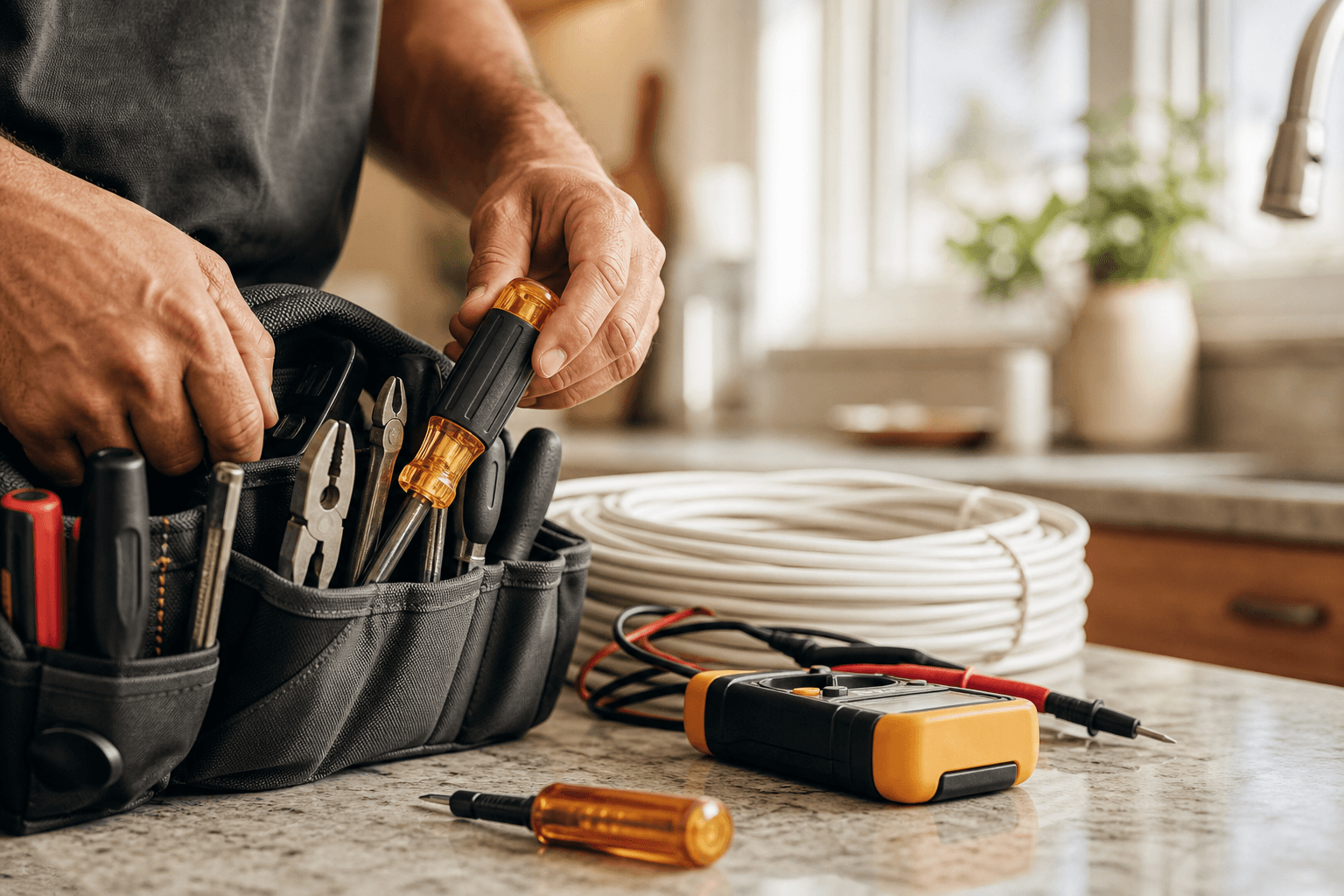 Electrician organizing tools before residential electrical work